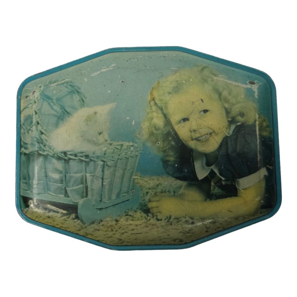 Vintage Horner Cat Kitten Basket Girl Candy Toffee Tin 5 1/4" x 4 1/8" Container